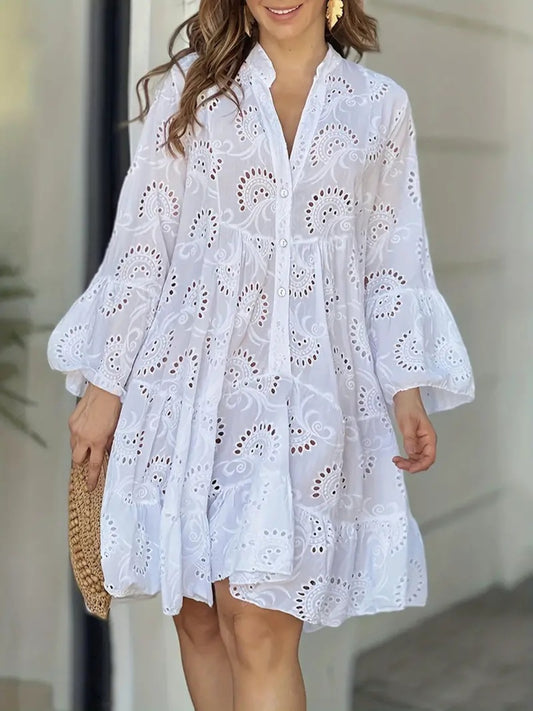 Ruffle Hem Eyelet Notched Long Sleeve Dress