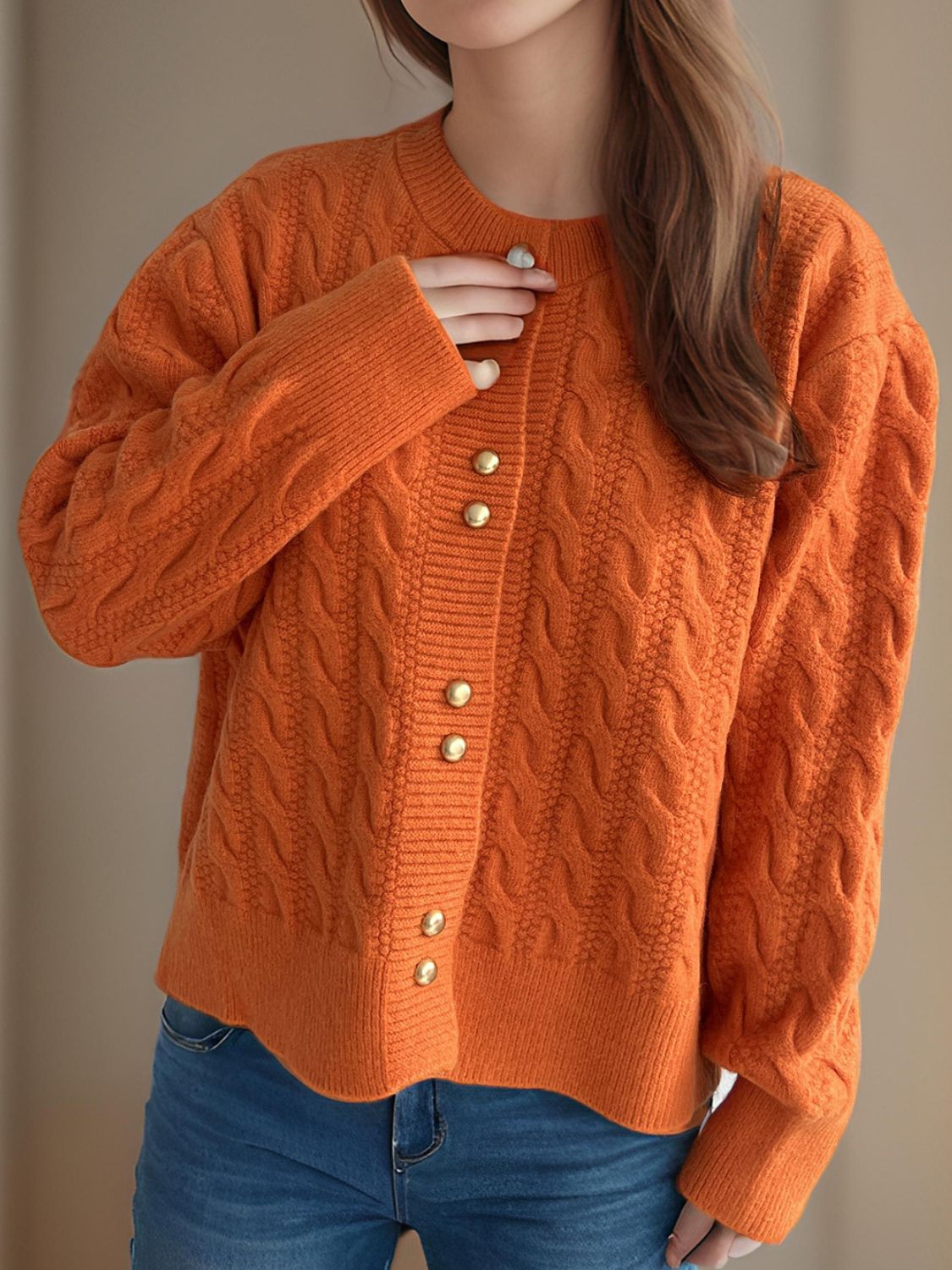 Cable-Knit Round Neck Long Sleeve Cardigan