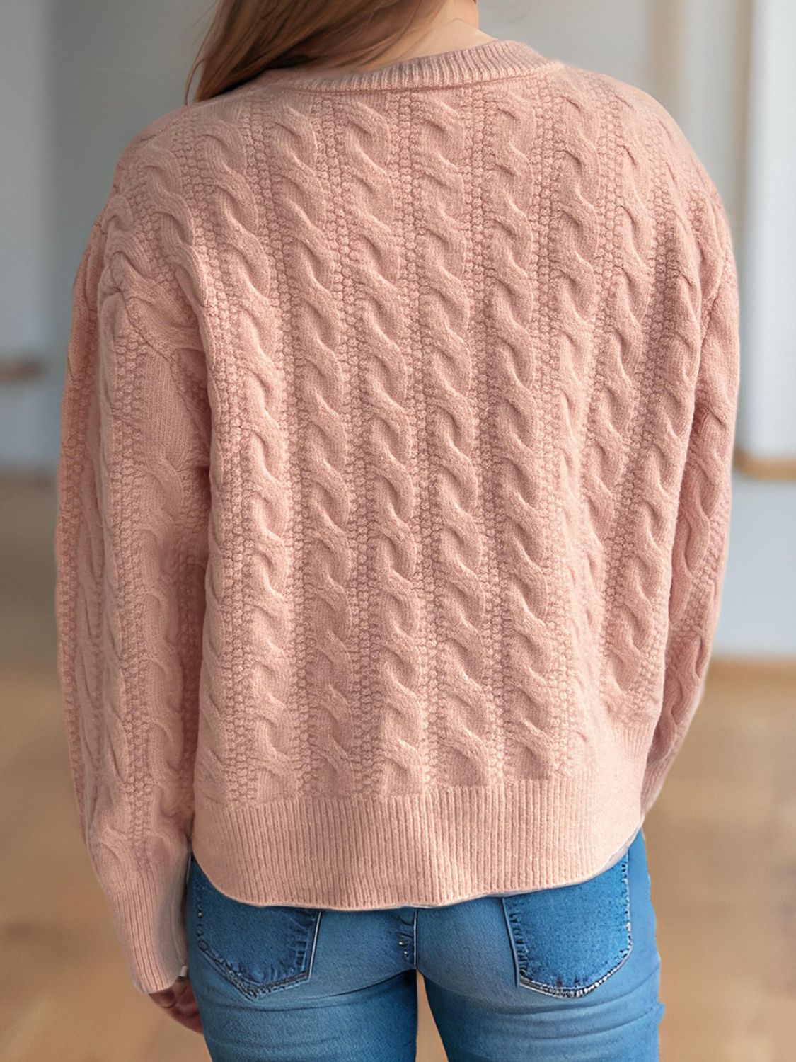 Cable-Knit Round Neck Long Sleeve Cardigan