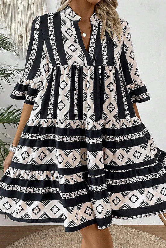 Tiered Printed Notched Half Sleeve Dress